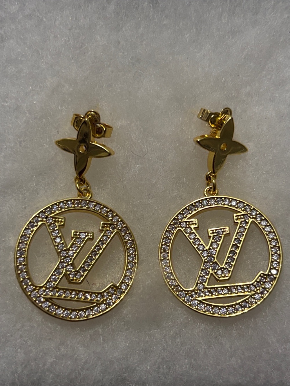 Gold & Diamond LV Logo Drop Earrings